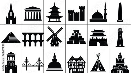 WebBlack silhouette icons of historical world landmarks architecture and ancient buildings collection for travel vector design