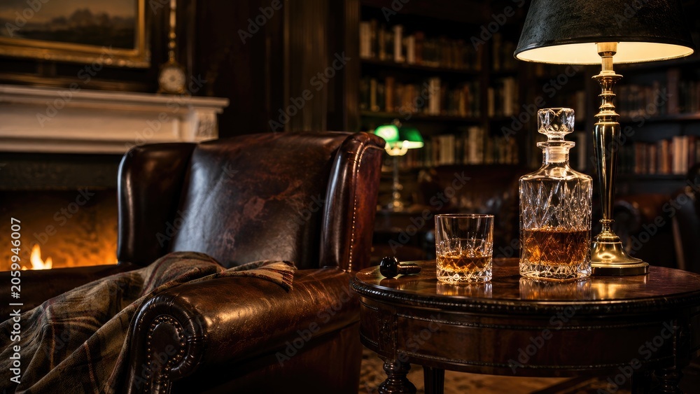 Obraz premium Cozy leather armchair beside a table with whiskey decanter and glass in a warm library by a roaring fireplace
