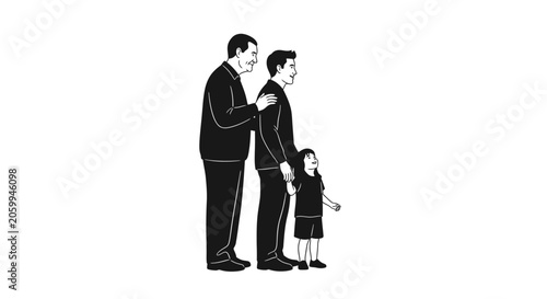 Fotografija A black and white illustration of a grandfather father and daughter standing together