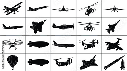 WebBlack silhouette icons of aircraft collection featuring military jets airplanes helicopters and space vehicles vector design