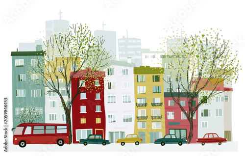 Town street with apartment buildings, green trees, cars along the road, symbolising sustainable urban living,   healthy community lifestyle. Manually created  editable elements, clean paths.
