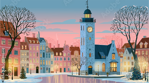 Town square with beautiful old houses, a church, and a decorated Christmas tree, presenting holiday spirit, winter celebration,  traditions, seasonal atmosphere. Manually created  editable elements