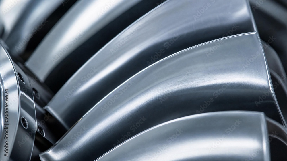 Fototapeta premium turbofan. Extreme close-up of a polished aviation turbofan blade reflecting light. mobility guides, transit brochures, designed for mobility and urban transit guides, clarifies navigation.