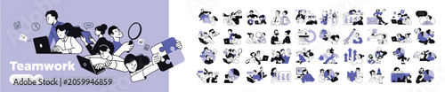 Teamwork. Vector illustrations for a team of people in various business activities, management, communication and project development from startup to launch.