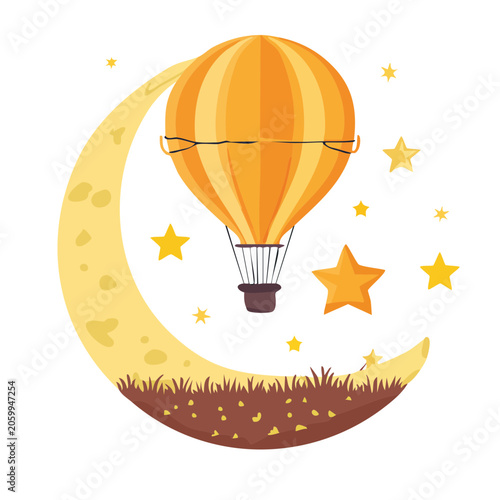 Hot air balloon over crescent moon and stars illustration