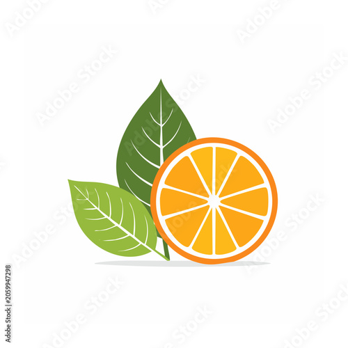 Orange slice with green leaves flat illustration