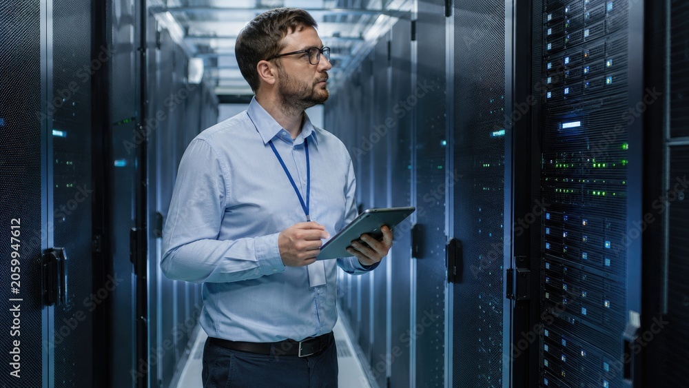 Fototapeta premium IT technician with tablet inspecting servers in a modern data center aisle