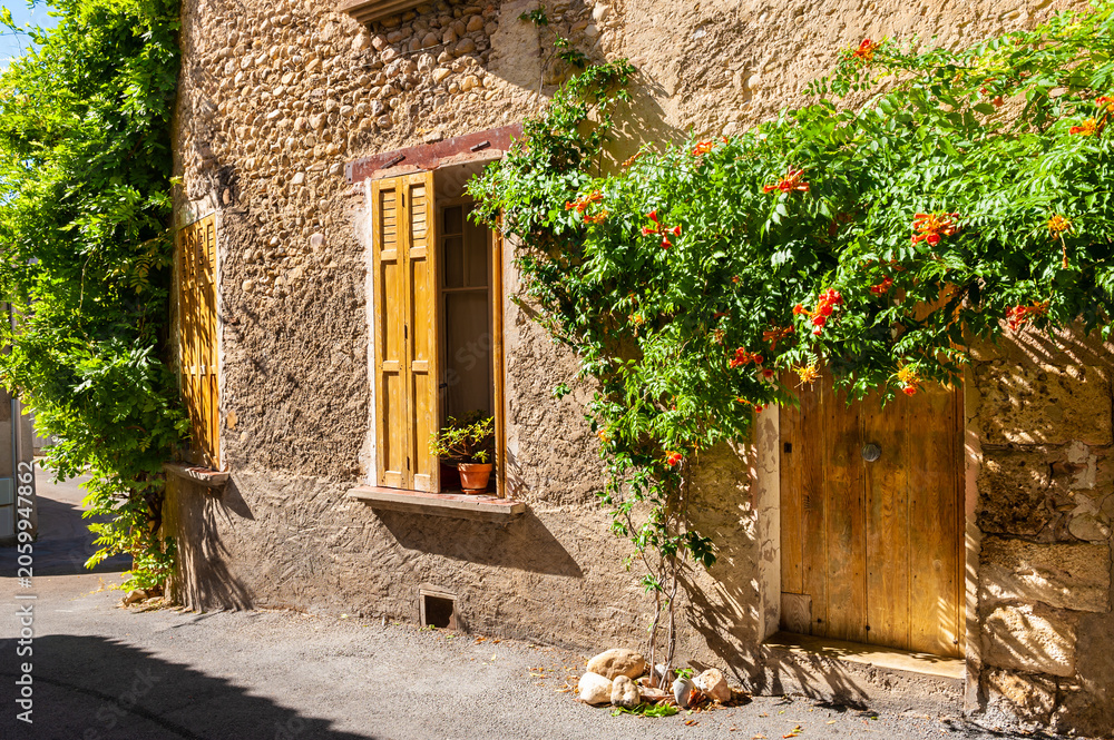 Fototapeta premium Old stone architecture on the cozy street in Valensole, Provence, France. Wooden door and window with green plants and flowers.