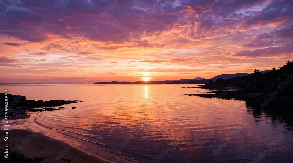 Fototapeta premium Stunning Sunset Over Calm Coastal Waters with Silhouetted Shoreline