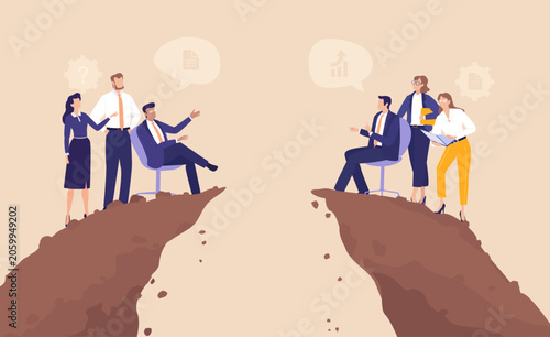 Two groups of business professionals meeting on opposite cliff edges, symbolising negotiation, partnership, strategic communication, overcoming challenges, and building connections across difficult si