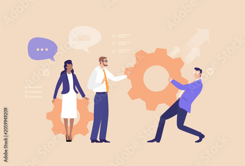 Business professionals working together with interconnected gears, symbolising teamwork, coordination, productivity, problem solving, business processes, and efficient collaboration 