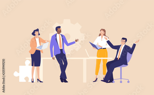 A group of business professionals engaged in conversation and information sharing, representing communication, teamwork, collaboration, networking, and knowledge exchange 