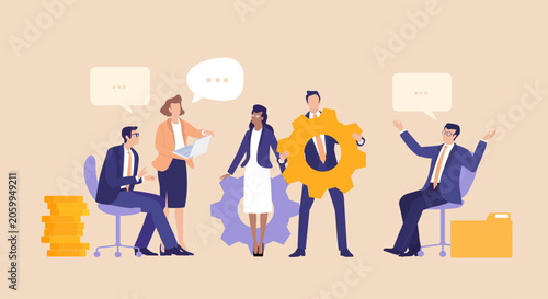 Business professionals working together with interconnected gears, symbolizing teamwork, coordination, productivity, problem solving, business processes, and efficient collaboration in a corporate env