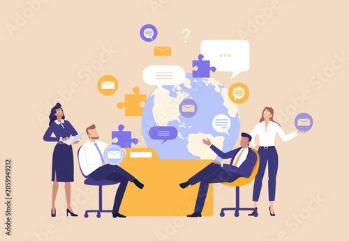 Business professionals sitting next to a large folder with emails and messages flowing out, symbolising communication, document management, workflow, digital correspondence