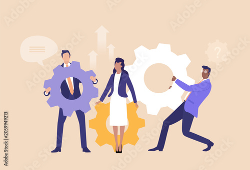 Business professionals working together with interconnected gears, symbolizing teamwork, coordination, productivity, problem solving, business processes, and efficient collaboration in a corporate env