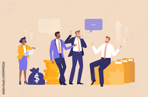 Business professionals having a meeting next to stacks of coins and a money sack, symbolizing financial advisory, investment planning, wealth management, budgeting, and business growth strategies.