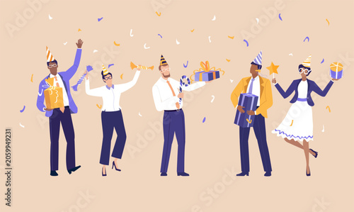 Business people throwing up confetti,  celebrating corporate event, public holiday, company anniversary, receiving a gists and bonuses.