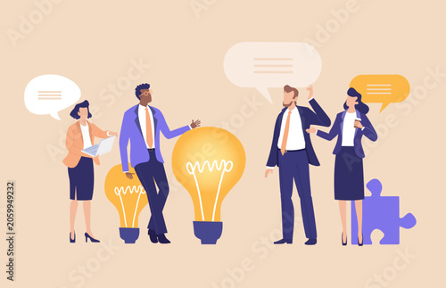 Business professionals gathered around a large glowing light bulb, symbolizing innovation, creative thinking, brainstorming, teamwork, and the development of new business ideas in a modern corporate e