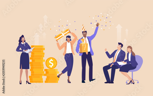 Business people throwing up confetti,  celebrating corporate event, public holiday, company anniversary, receiving a gists and bonuses.