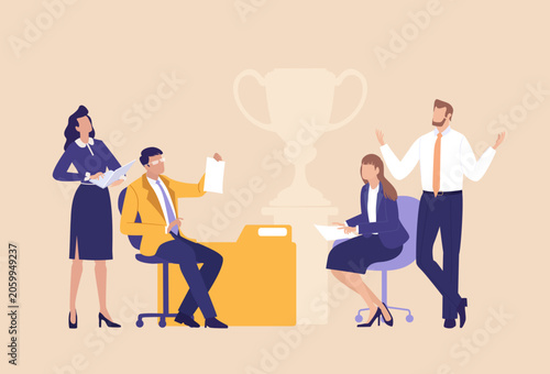 A group of business professionals engaged in conversation and information sharing, representing communication, teamwork, collaboration, networking, and knowledge exchange 