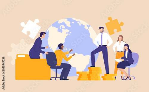 Business professionals having a meeting next to stacks of coins and a money sack, symbolizing financial advisory, investment planning, wealth management, budgeting, and business growth strategies.