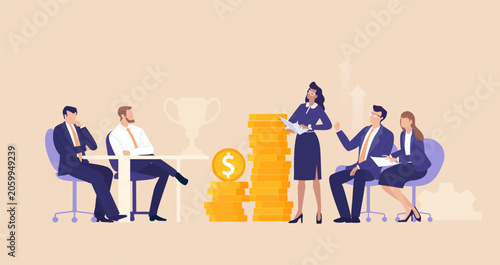 Business professionals having a meeting next to stacks of coins and a money sack, symbolizing financial advisory, investment planning, wealth management, budgeting, and business growth strategies.