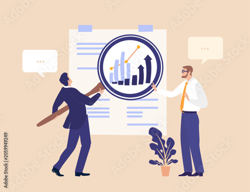 A businessman using a large magnifying glass to reveal information, symbolising data analysis, investigation, research, attention to details