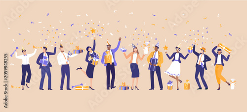 Business people throwing up confetti,  celebrating corporate event, public holiday, company anniversary, receiving a gists and bonuses.
