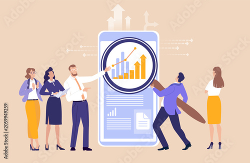 A businessman using a large magnifying glass to reveal information, symbolising data analysis, investigation, research, attention to details