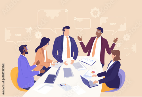 A group of business professionals engaged in conversation and information sharing, representing communication, teamwork, collaboration, networking, and knowledge exchange 