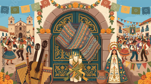 Vibrant Mexican Fiesta Scene with Guitar.