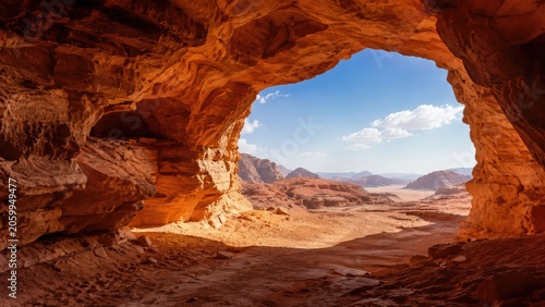 Sunlit sandstone cave arch framing a vast red rock desert valley under a clear blue sky