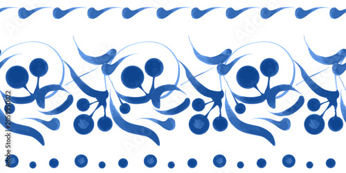 Vector blue floral seamless border pattern from blueberry plants on white background 