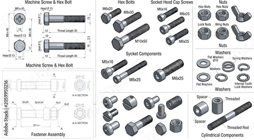Technical illustration of screws, bolts, nuts, washers, and cylindrical components with labeled dimensions and assembly drawings