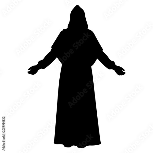 Silhouette of a hooded figure with arms outstretched.