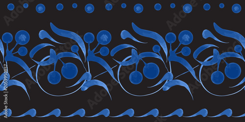 Vector blue floral seamless border pattern from blueberry plants on black background 