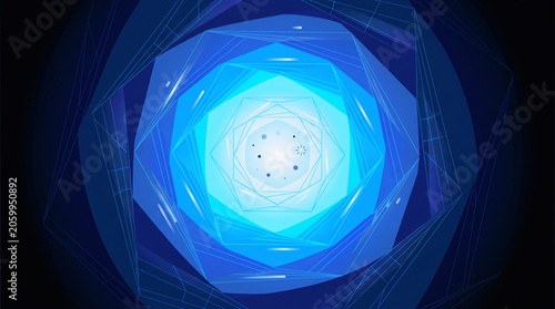 A mesmerizing gradient geometric background emerging from a pure solid black void, centered on a brilliant bright core that spirals into a deep blue vortex fold.