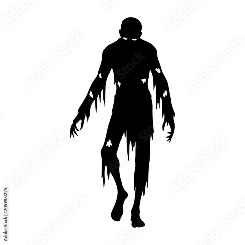 Tablou pe pânză Silhouette of a terrifying zombie walking forward with tattered clothes and glowing eyes