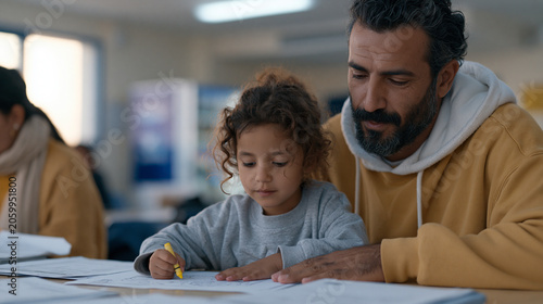 An Iraqi father watches his young daughter draw a picture at a table in a family processing area, her crayon moving steadily across the page, a case worker nearby reviewing