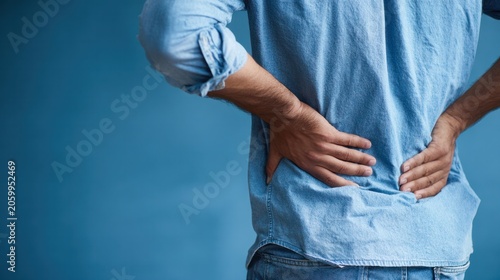 Back Pain Discomfort: A close-up of a man holding his lower back, grimacing in discomfort from a sudden onset of back pain, highlighting the struggle with physical ailment.