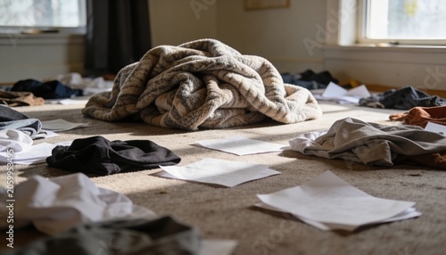 Showing rumpled beige striped blanket piled on carpet at home, with scattered papers, clothes