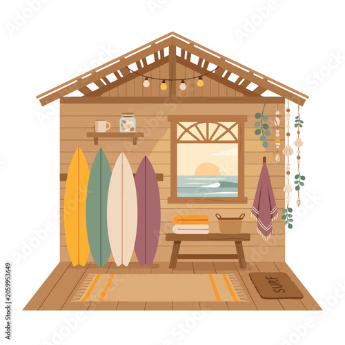 Surfboard hut by the ocean beach.