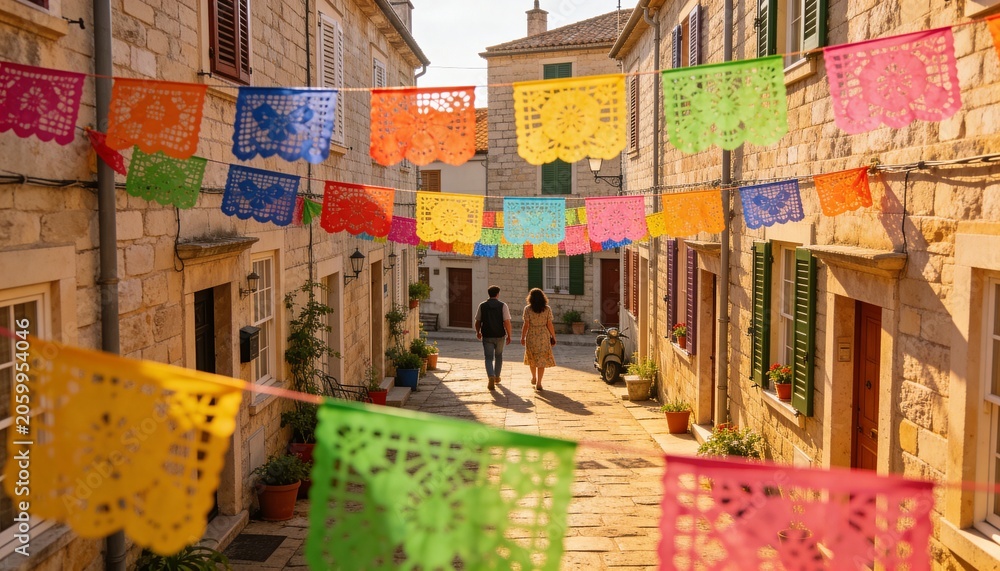 Fototapeta premium Walking couple strolling down sunlit alley, wearing sundress and cap, with papel picado banners