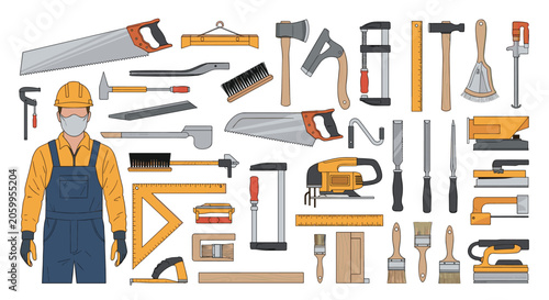 Large set of tools for construction and woodworking including saws, hammers, drills, and a builder in full safety gear.