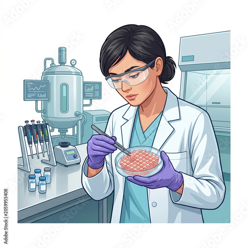 Female Bioengineer Inspecting Cultivated Lab-Grown Meat Matrix in Petri Dish, Vector Illustration