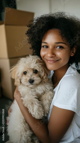A woman with a dog in a new apartment, moving