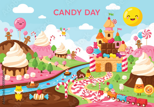 A colorful cartoon landscape with candy-themed elements and characters