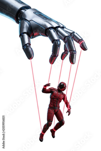 Obraz na plátně Robotic hand controlling astronaut figure as a marionette puppet