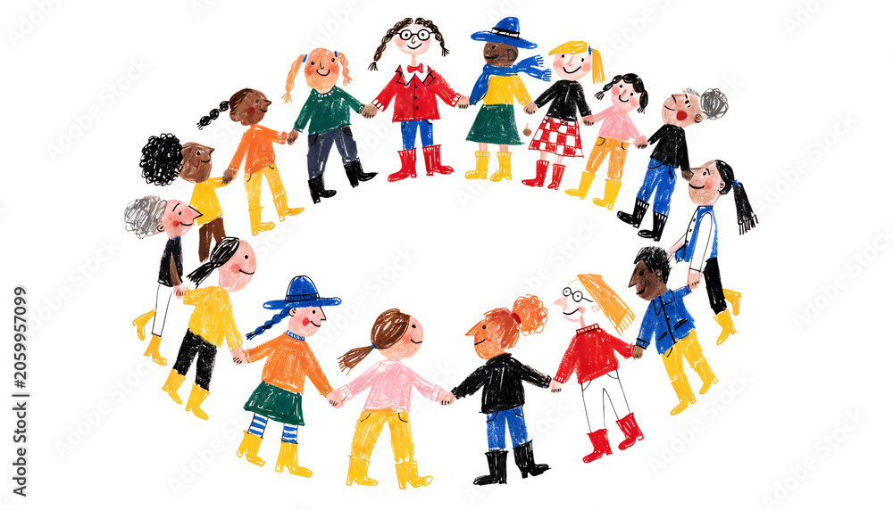 Fototapeta premium Multicultural Diverse Group of People Holding Hands in a Circle, Hand Drawn Naive Folk Art Watercolor Illustration