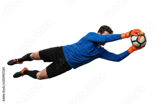 Tableau sur toile Soccer goalkeeper diving to catch a ball